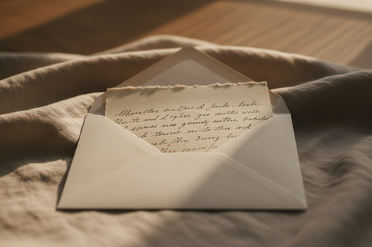 A handwritten note tucked inside an open envelope on a soft linen surface
